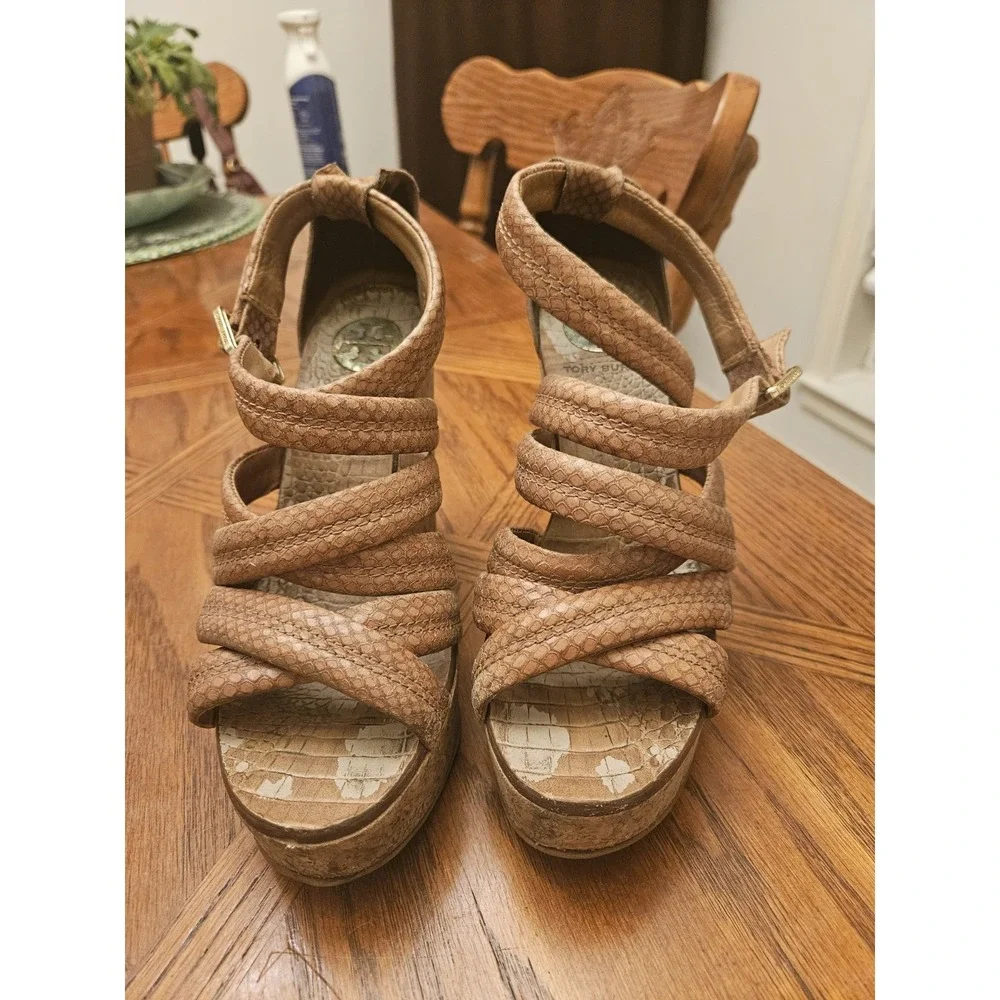 Tory Burch Wedge‎ Espadrille Sandals, Sz7, Tan Straps.